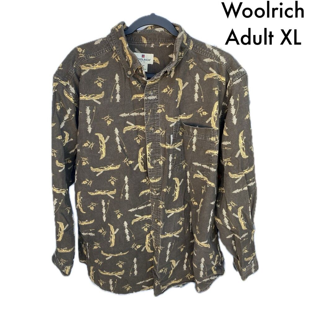 Woolrich Shirt Mens XL Brown Flannel Dark Wood Canoe All Over Print Outdoors